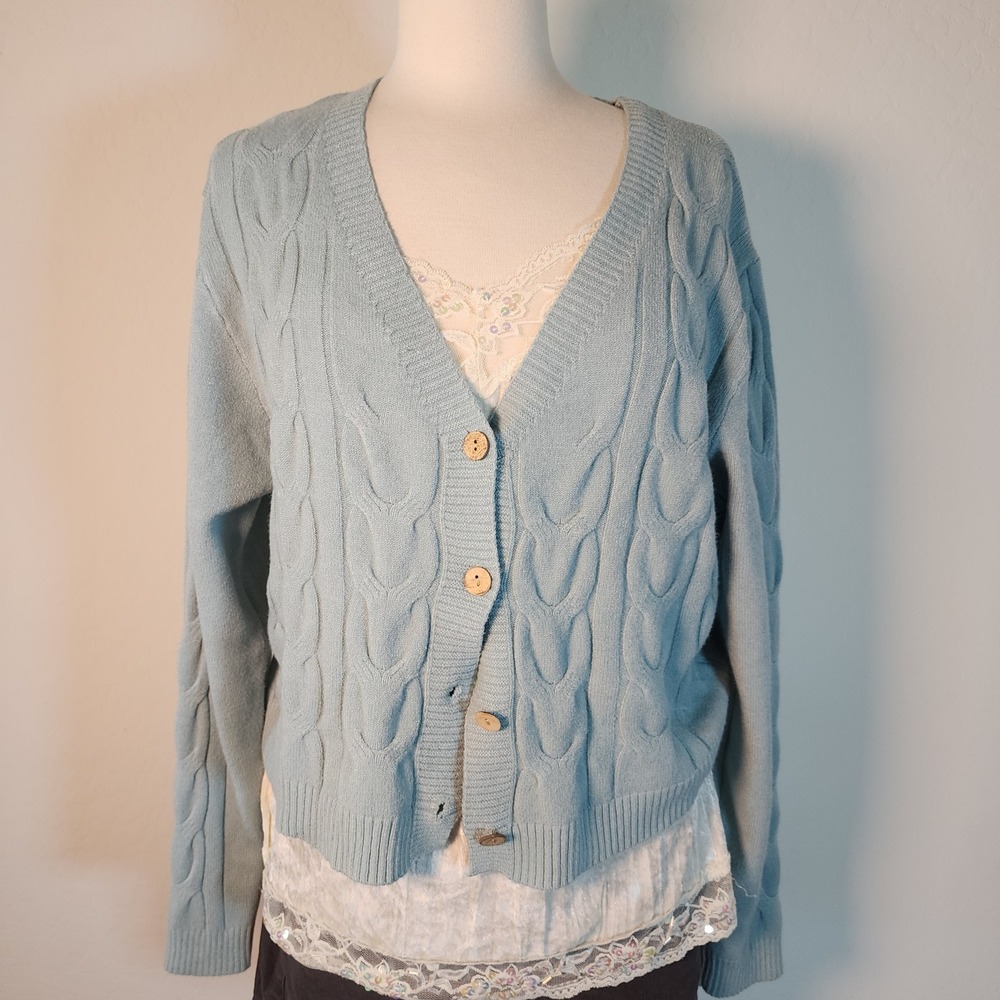 Luna Ivy Cable‎ Knit Cardigan Women's 2XL/3XL Blue Button Down V Neck Sweater